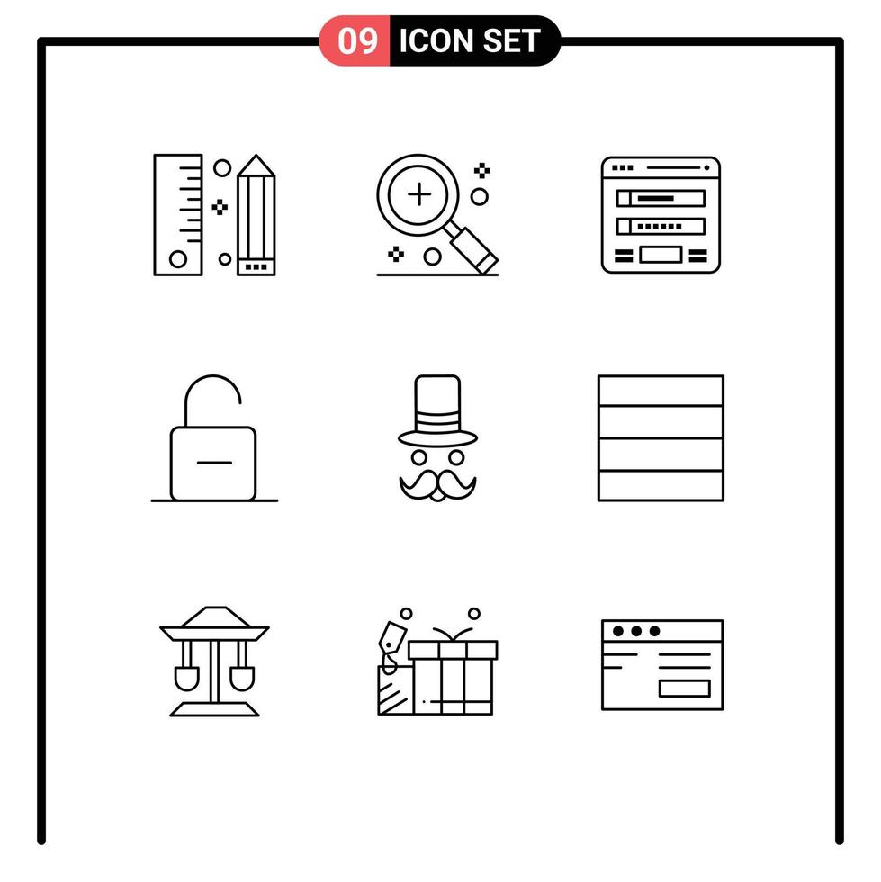 Modern Set of 9 Outlines Pictograph of safety lock magnifier web login Editable Vector Design Elements