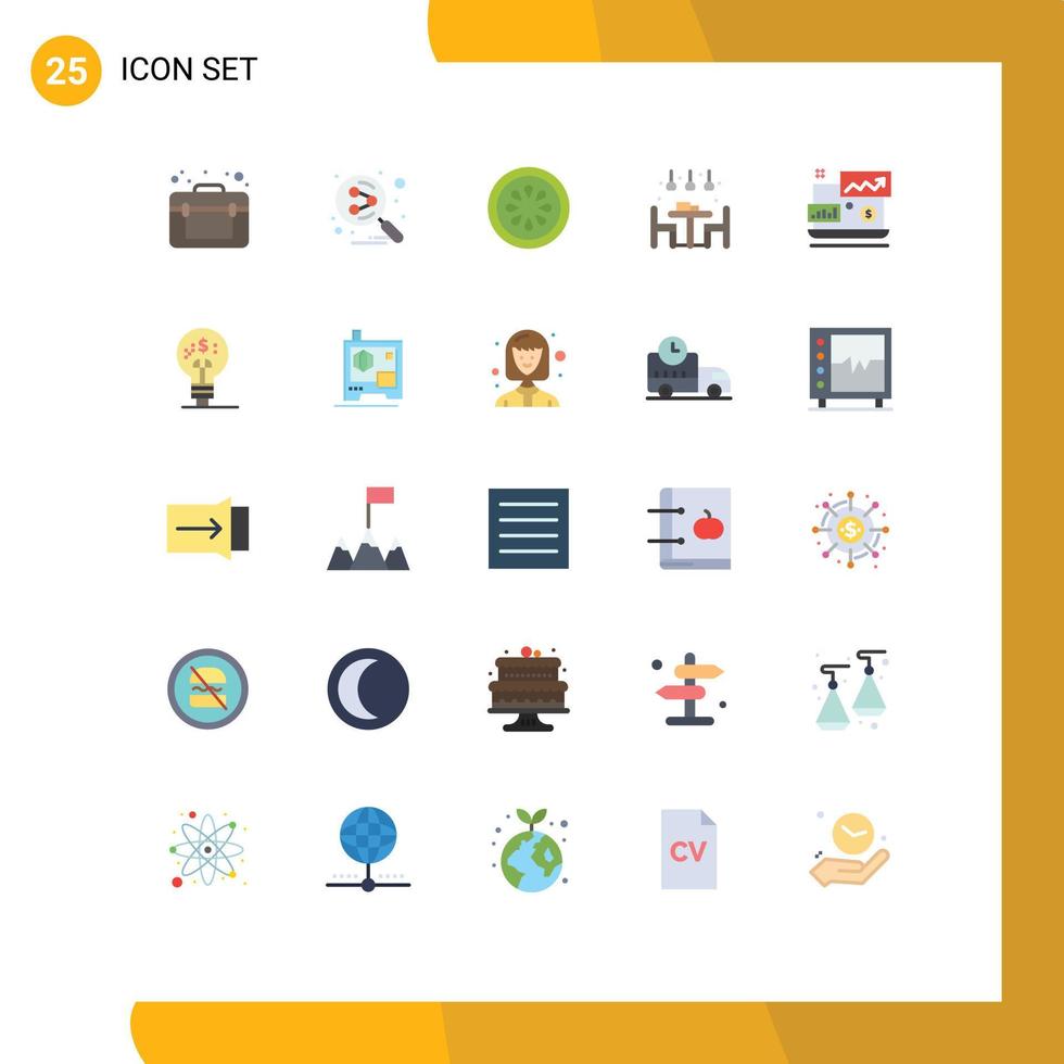 25 Universal Flat Color Signs Symbols of financial dinner cucumber light home Editable Vector Design Elements