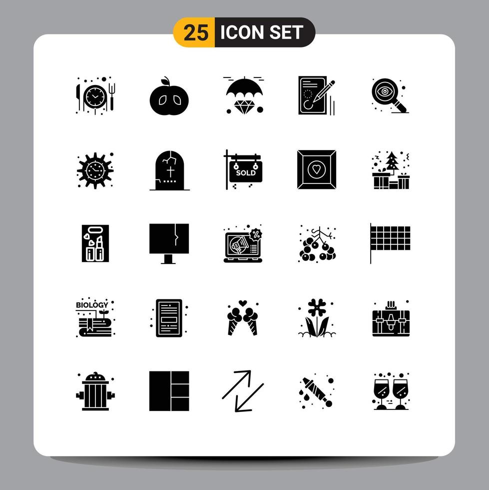 Pack of 25 Modern Solid Glyphs Signs and Symbols for Web Print Media such as search design insurance drawing document Editable Vector Design Elements