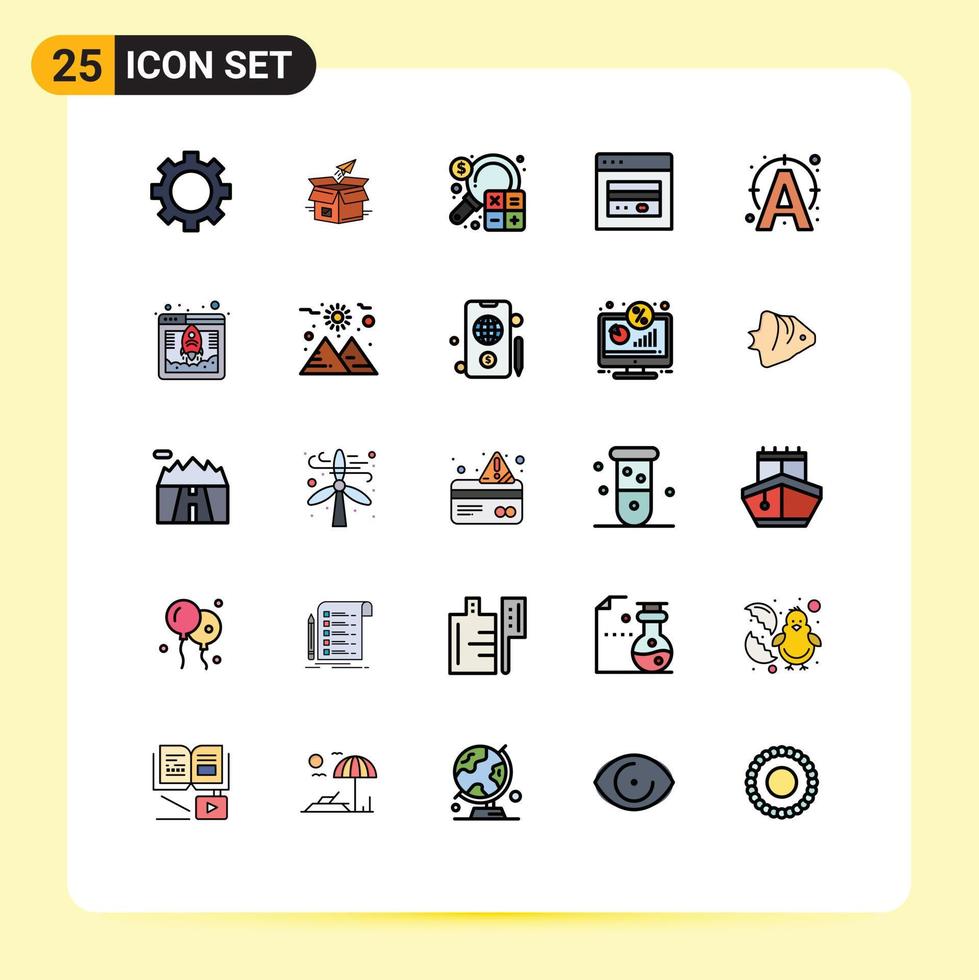 Pictogram Set of 25 Simple Filled line Flat Colors of card marketing release finance analysis Editable Vector Design Elements