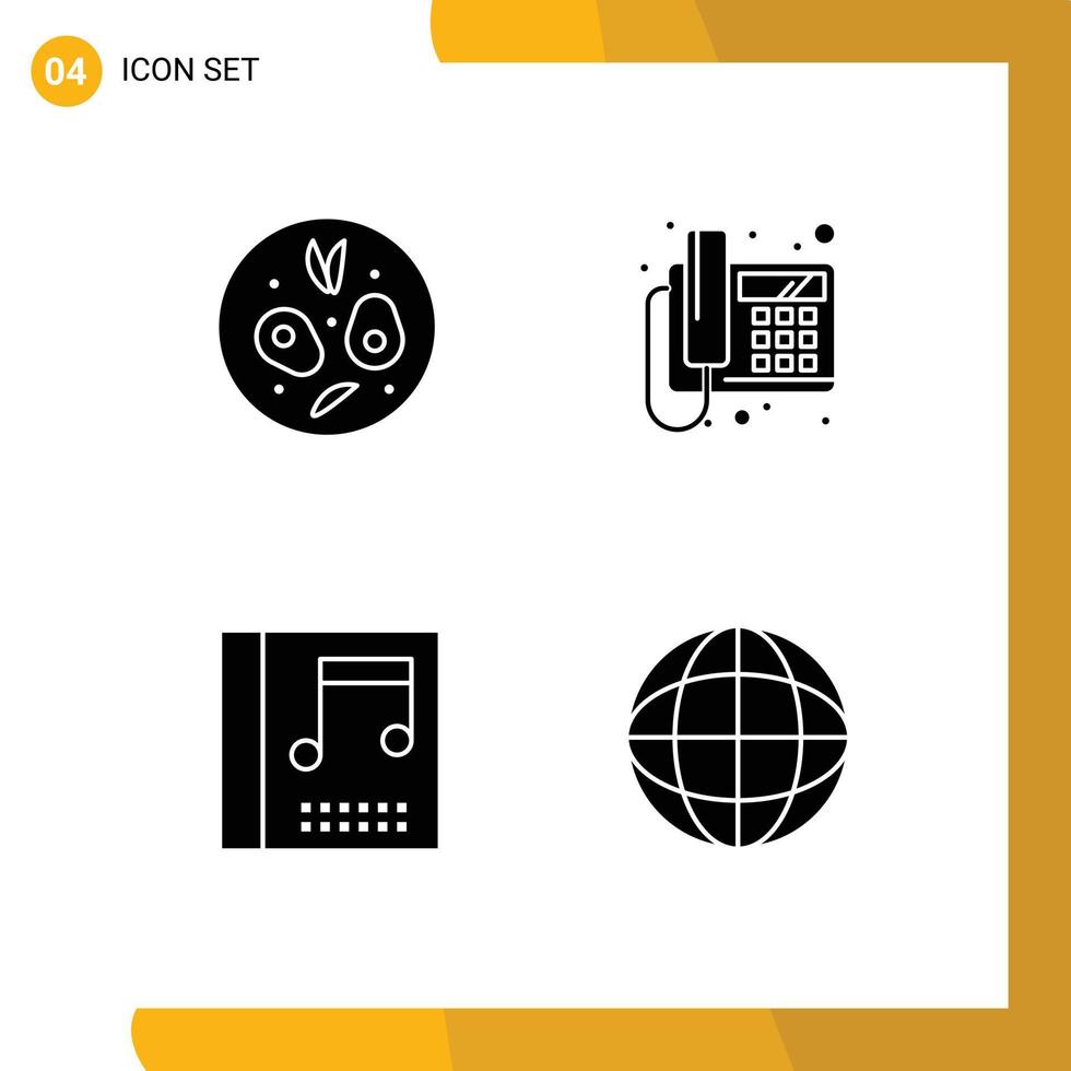 Pack of 4 creative Solid Glyphs of salad music call device badge Editable Vector Design Elements