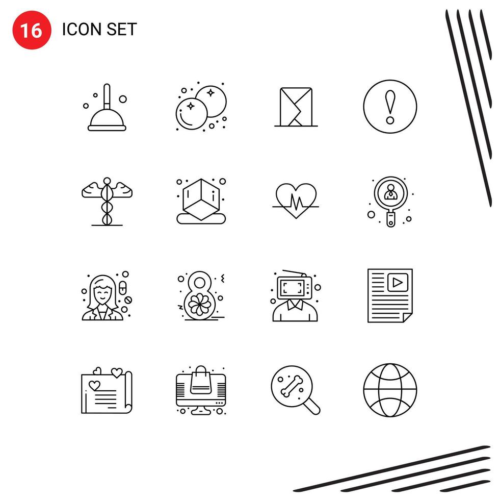 Pack of 16 Modern Outlines Signs and Symbols for Web Print Media such as medical warning email attention sent Editable Vector Design Elements