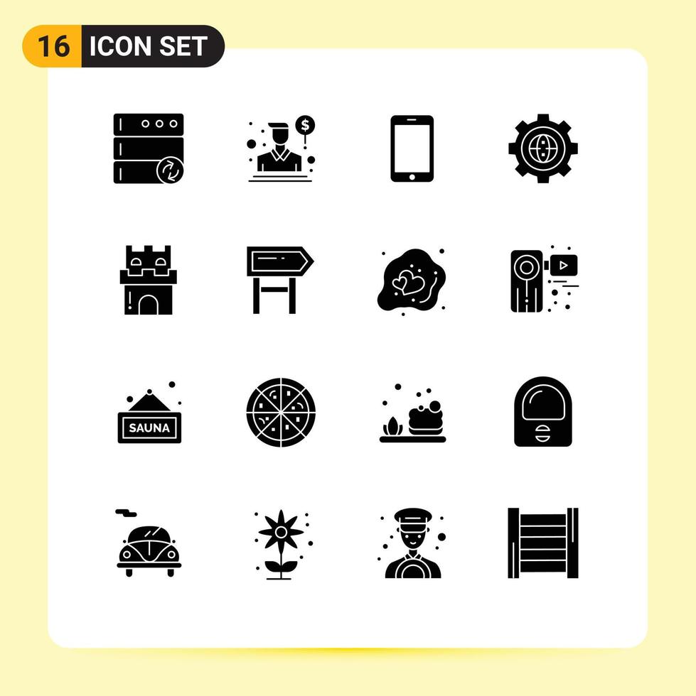 Mobile Interface Solid Glyph Set of 16 Pictograms of castle gear mobile development cogwheel Editable Vector Design Elements