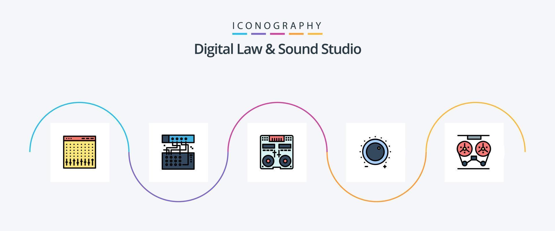 Digital Law And Sound Studio Line Filled Flat 5 Icon Pack Including gain. audio. module. music. deck vector
