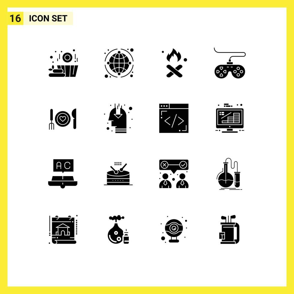 16 Universal Solid Glyphs Set for Web and Mobile Applications dinner game burn device smoke Editable Vector Design Elements