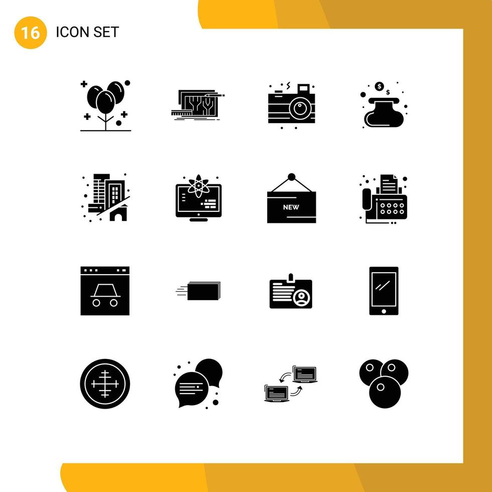 Group of 16 Solid Glyphs Signs and Symbols for building money design cash night Editable Vector Design Elements