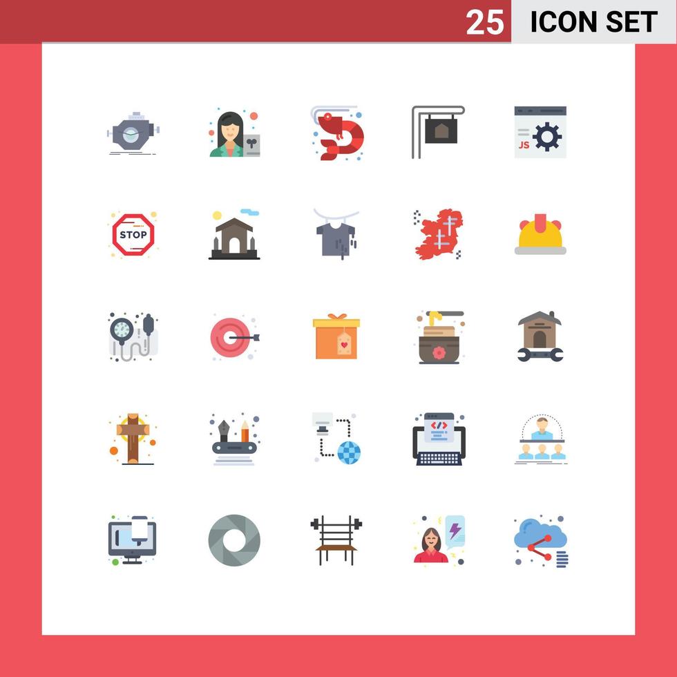 25 Universal Flat Color Signs Symbols of coding sign writer house sea food Editable Vector Design Elements