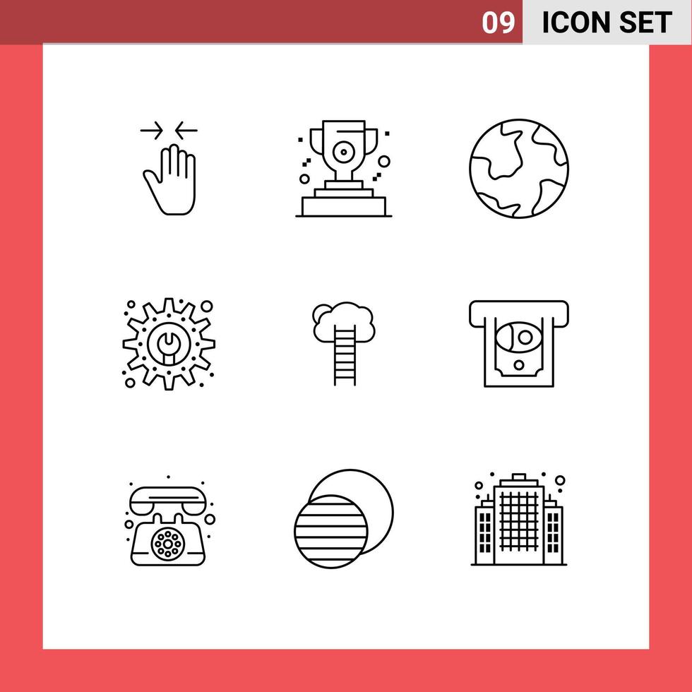 Pictogram Set of 9 Simple Outlines of business maintenance earth gear discovery Editable Vector Design Elements
