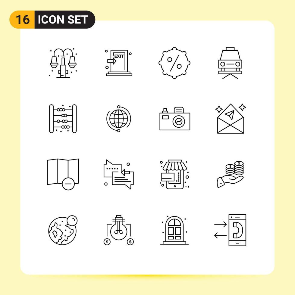 Pack of 16 Modern Outlines Signs and Symbols for Web Print Media such as game baby exit repair car Editable Vector Design Elements