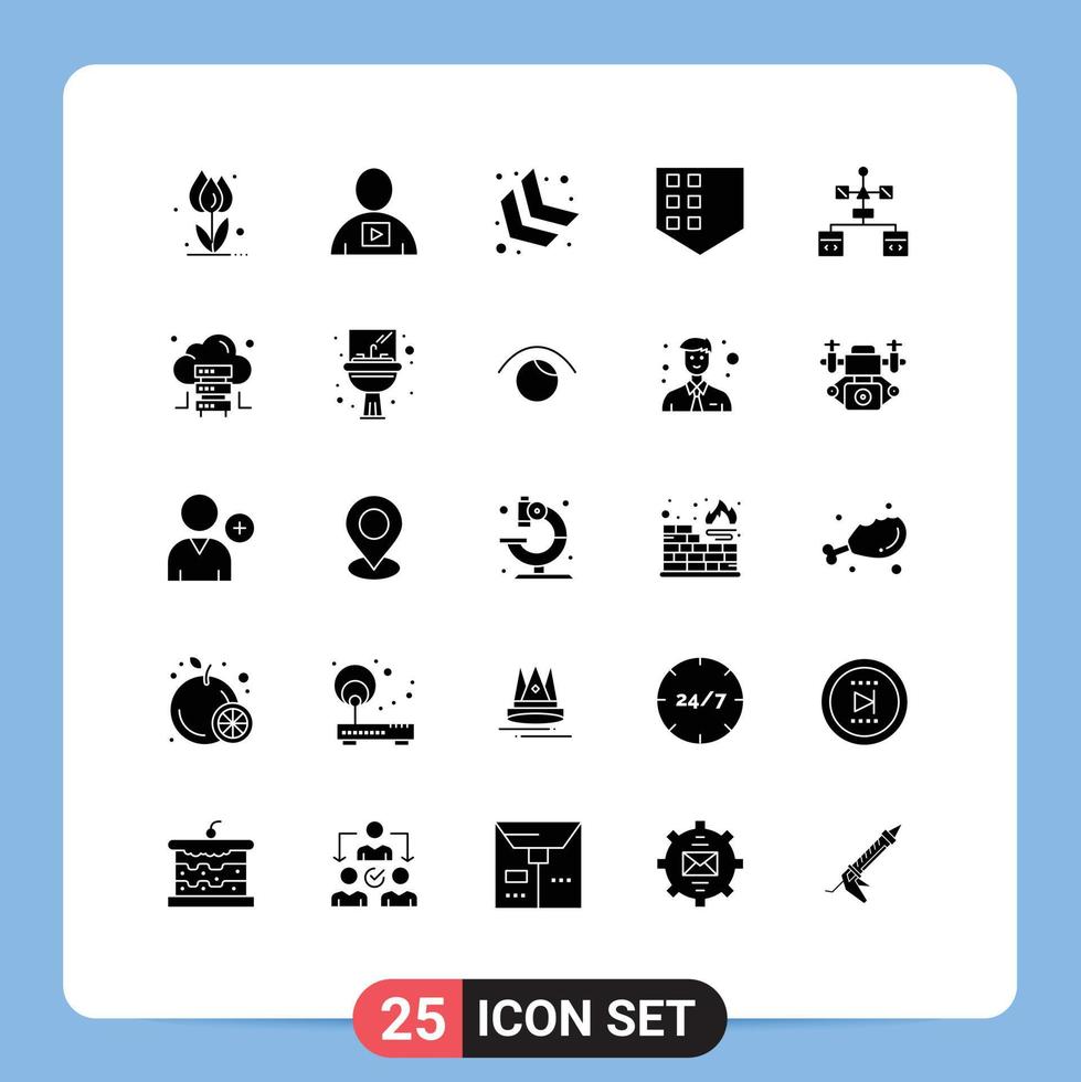 Pack of 25 creative Solid Glyphs of browser shield playback security down left Editable Vector Design Elements