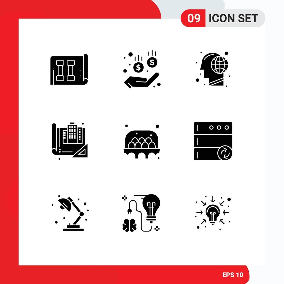 Pack of 9 creative Solid Glyphs of agriculture construction global blueprint building Editable Vector Design Elements