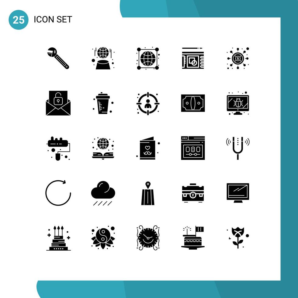 Pack of 25 Modern Solid Glyphs Signs and Symbols for Web Print Media such as investment presentation network layout connections Editable Vector Design Elements