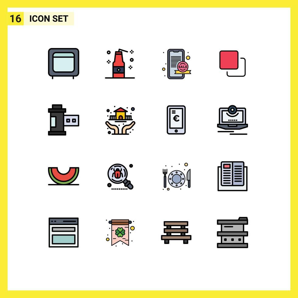 Mobile Interface Flat Color Filled Line Set of 16 Pictograms of camera quadruple weapons media sale Editable Creative Vector Design Elements