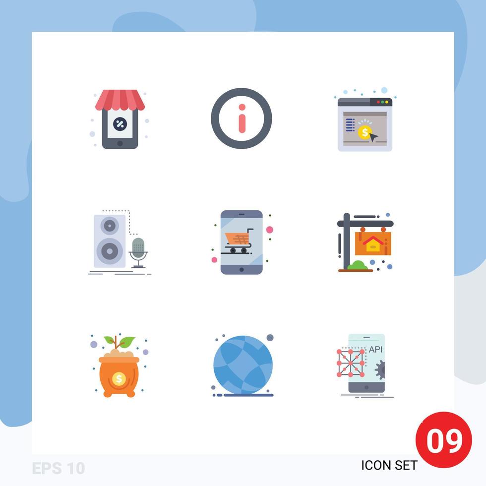Group of 9 Flat Colors Signs and Symbols for online shop cart browser sound microphone Editable Vector Design Elements