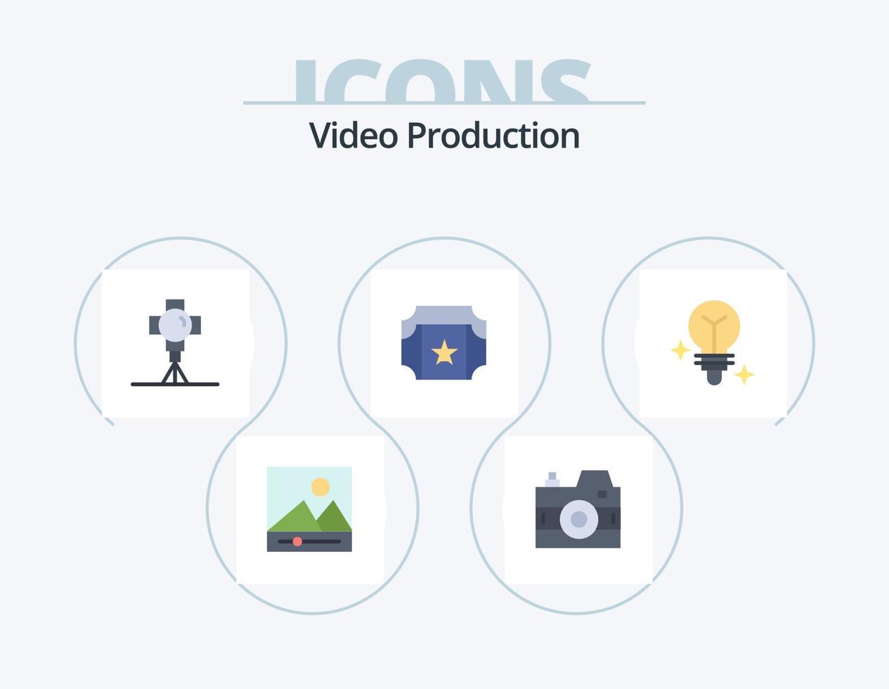 vídeo producción plano icono paquete 5 5 icono diseño. medios de comunicación. bulbo. película. boleto. cine vector