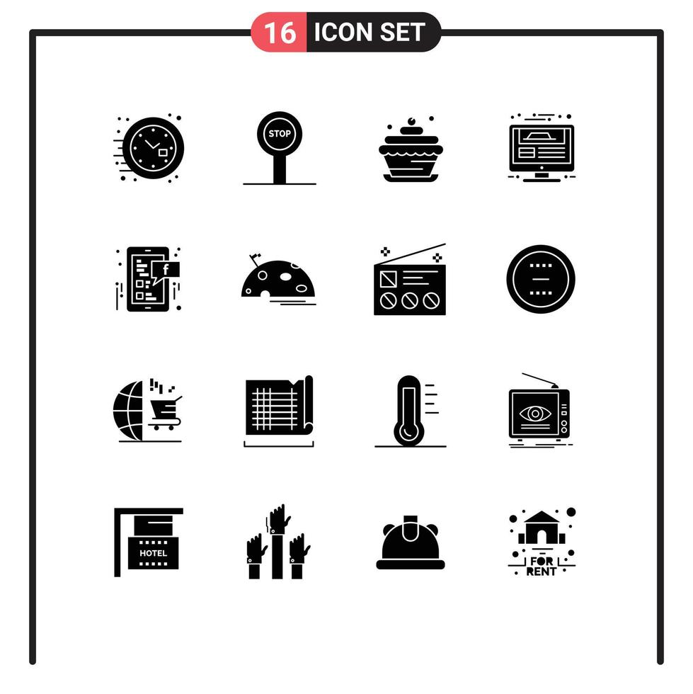 Pictogram Set of 16 Simple Solid Glyphs of social report birthday website design web page Editable Vector Design Elements