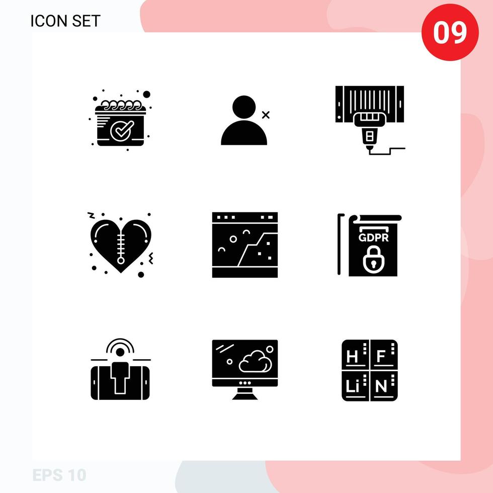 Group of 9 Solid Glyphs Signs and Symbols for photo interface price browser valentines Editable Vector Design Elements