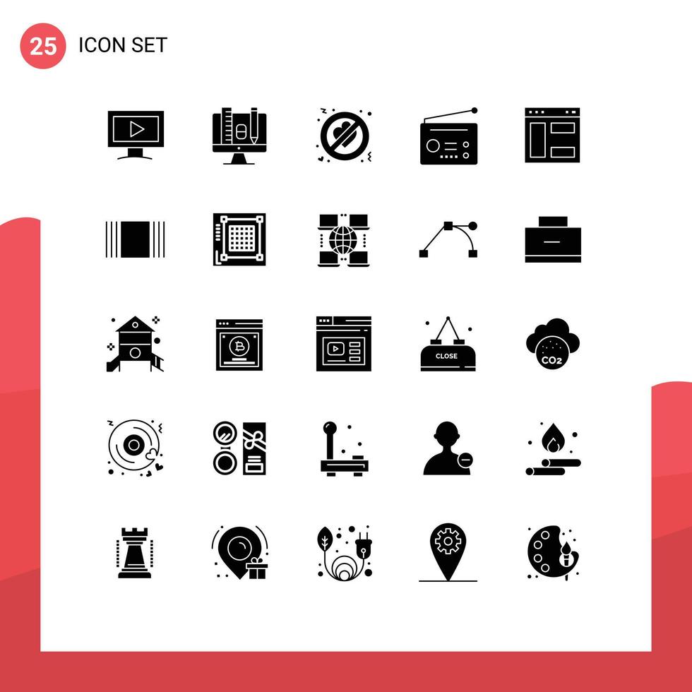 Set of 25 Commercial Solid Glyphs pack for webpage browser no love technology gadgets Editable Vector Design Elements