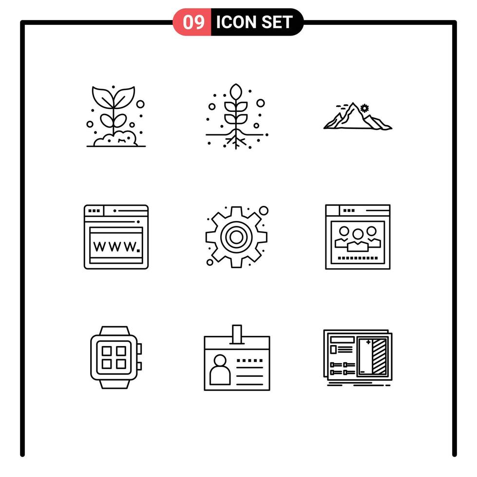 Editable Vector Line Pack of 9 Simple Outlines of gear webpage mountain web sun Editable Vector Design Elements