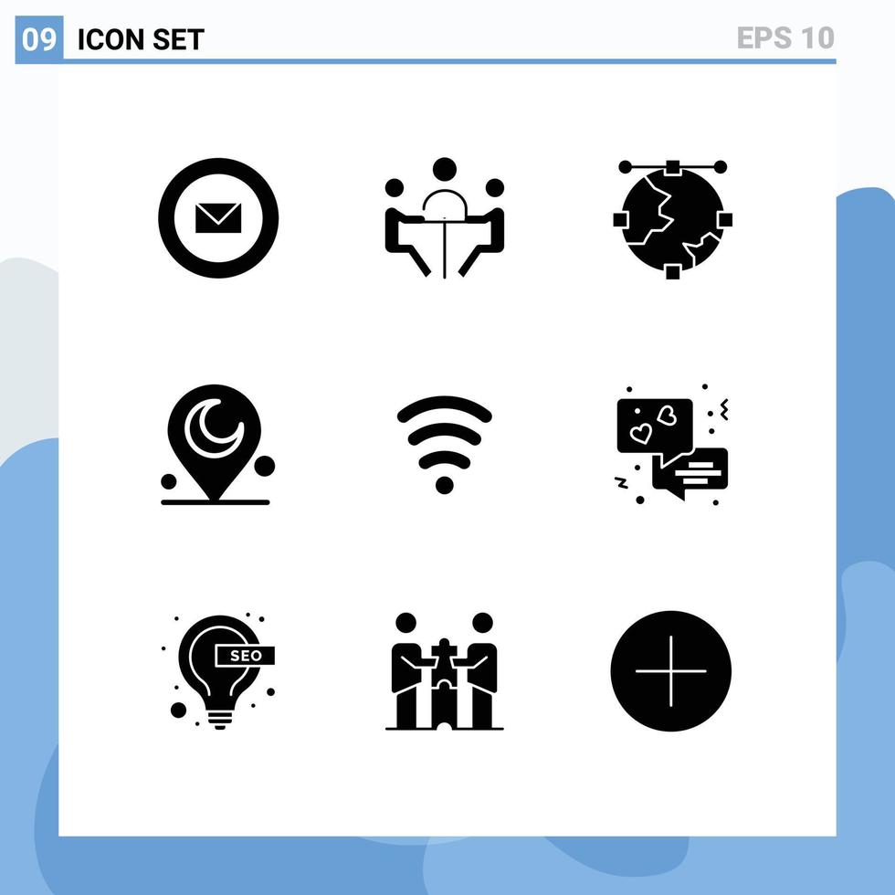 Universal Icon Symbols Group of 9 Modern Solid Glyphs of wifi muslim meeting minaret globe Editable Vector Design Elements