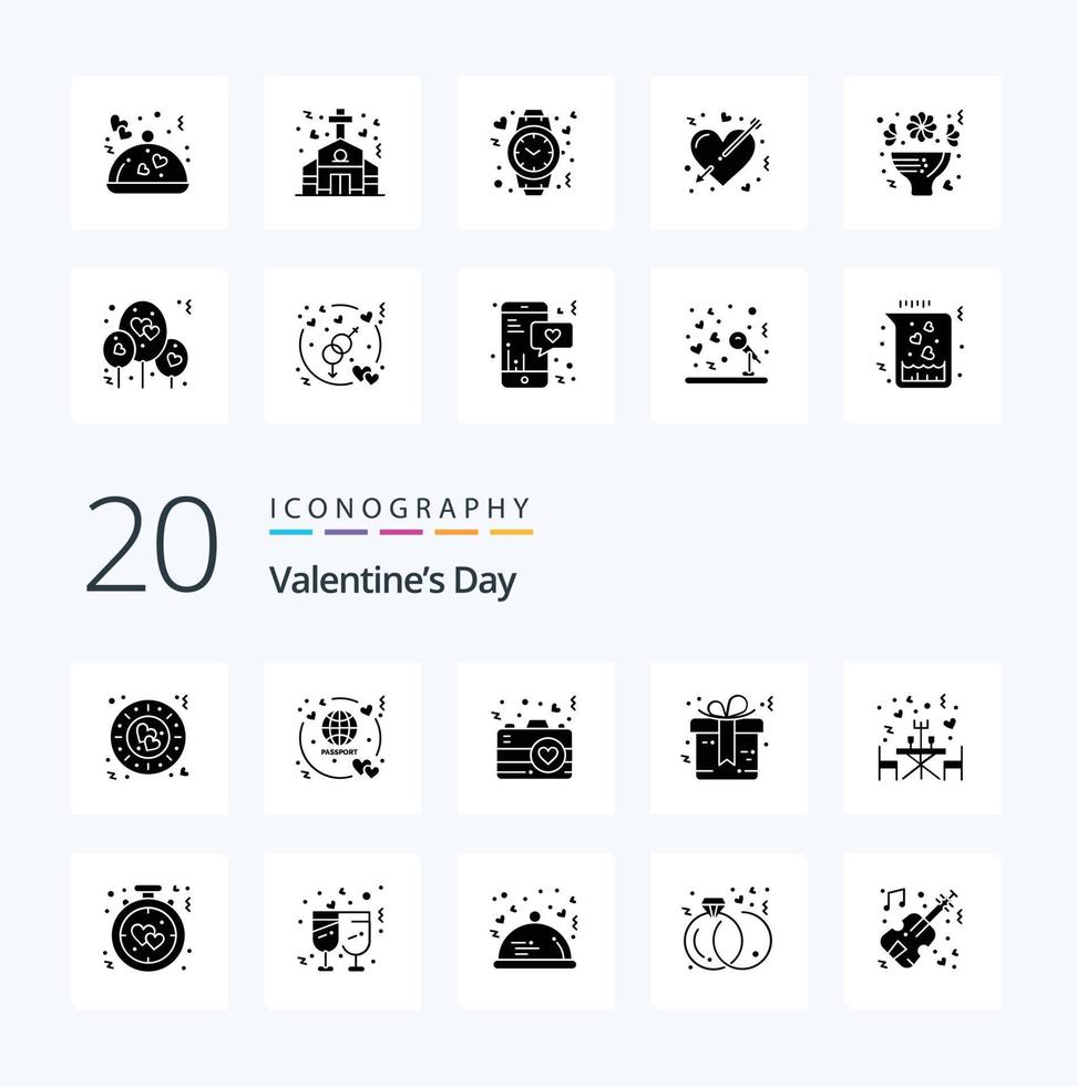 20 Valentines Day Solid Glyph icon Pack like restaurant wedding camera marriage bow vector