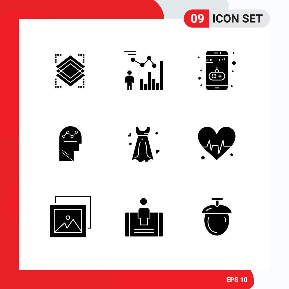 Group of 9 Modern Solid Glyphs Set for thinking success person process mobile Editable Vector Design Elements