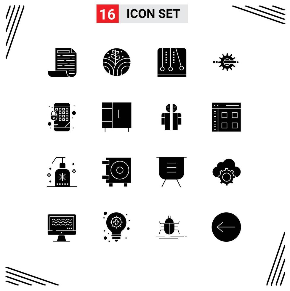 16 User Interface Solid Glyph Pack of modern Signs and Symbols of lock production mechanics gear design Editable Vector Design Elements