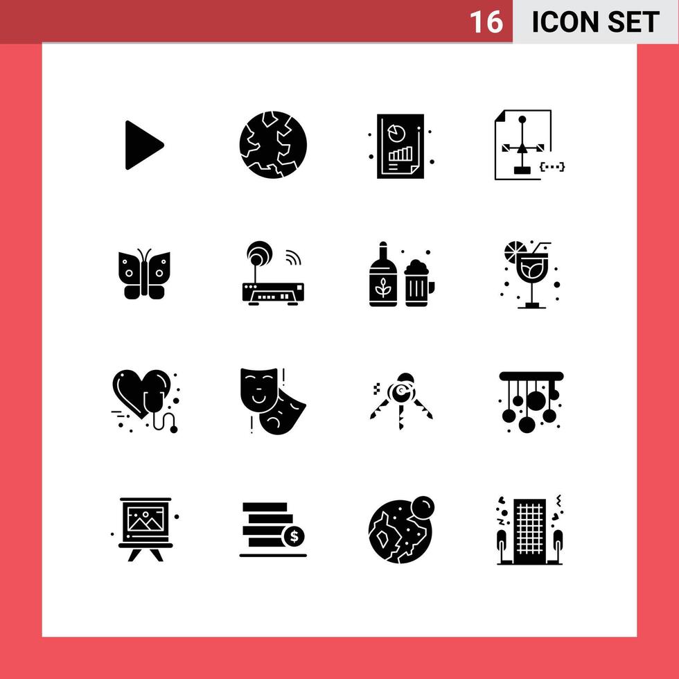 Universal Icon Symbols Group of 16 Modern Solid Glyphs of butterfly document business productivity report development coding Editable Vector Design Elements