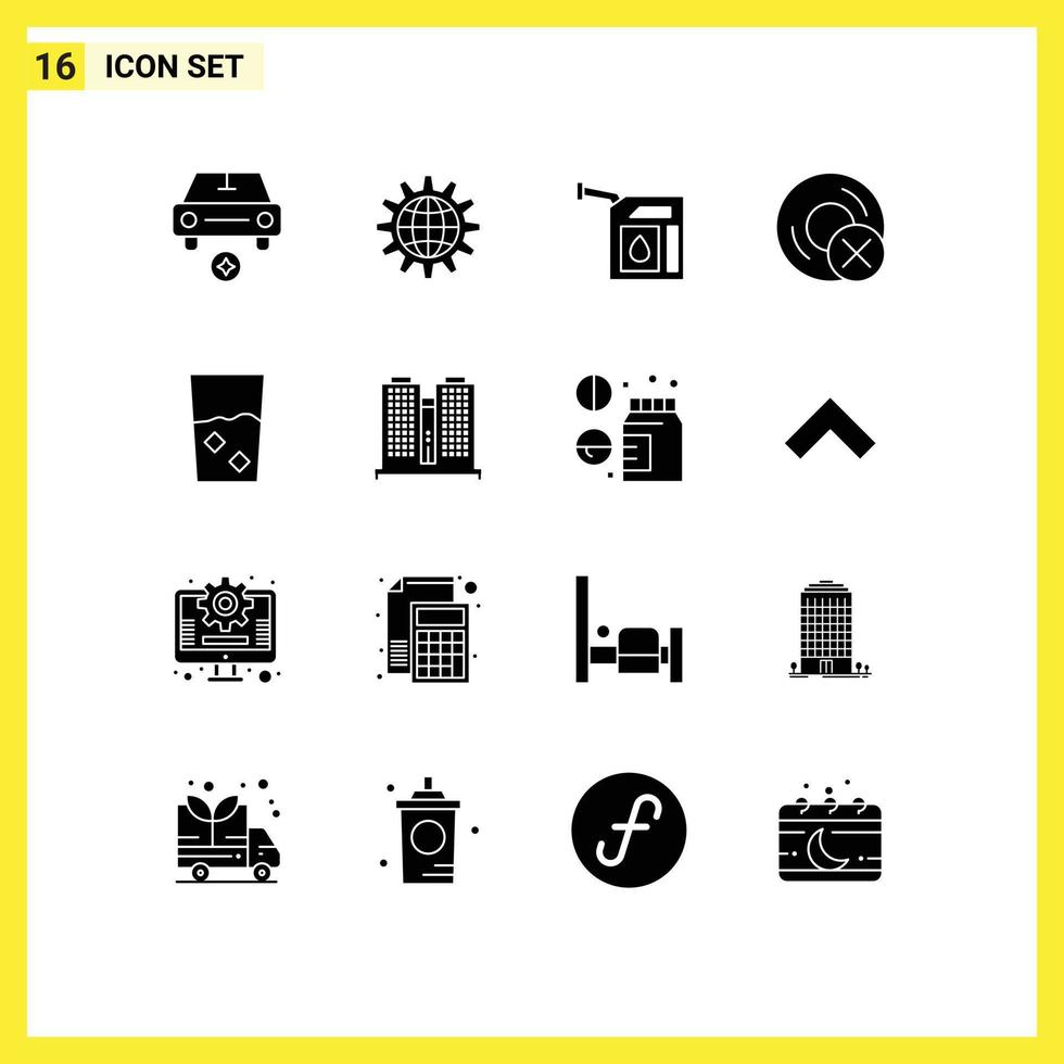 Set of 16 Commercial Solid Glyphs pack for disc computers gear station gas Editable Vector Design Elements