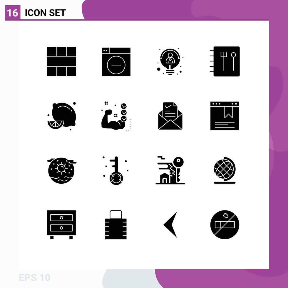 Modern Set of 16 Solid Glyphs Pictograph of lemon citrus fruit minimize recipe thinking Editable Vector Design Elements