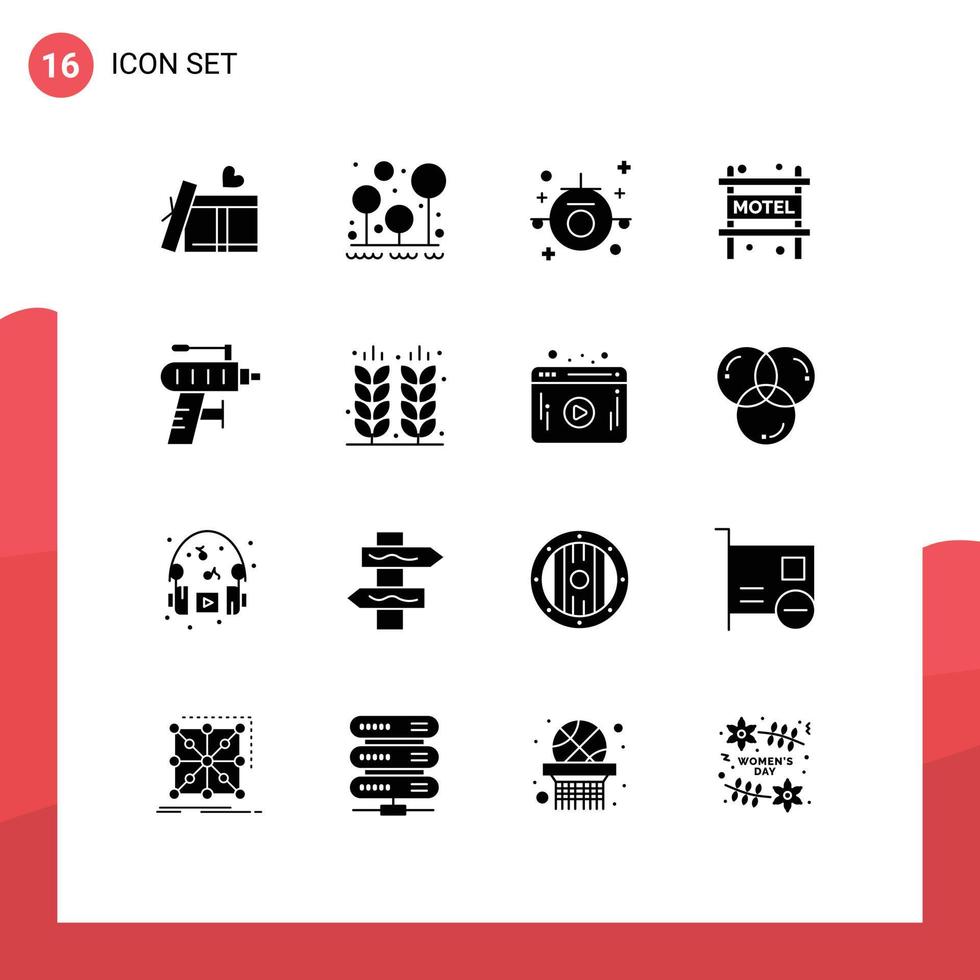 16 Thematic Vector Solid Glyphs and Editable Symbols of tool drill each travel accommodation Editable Vector Design Elements