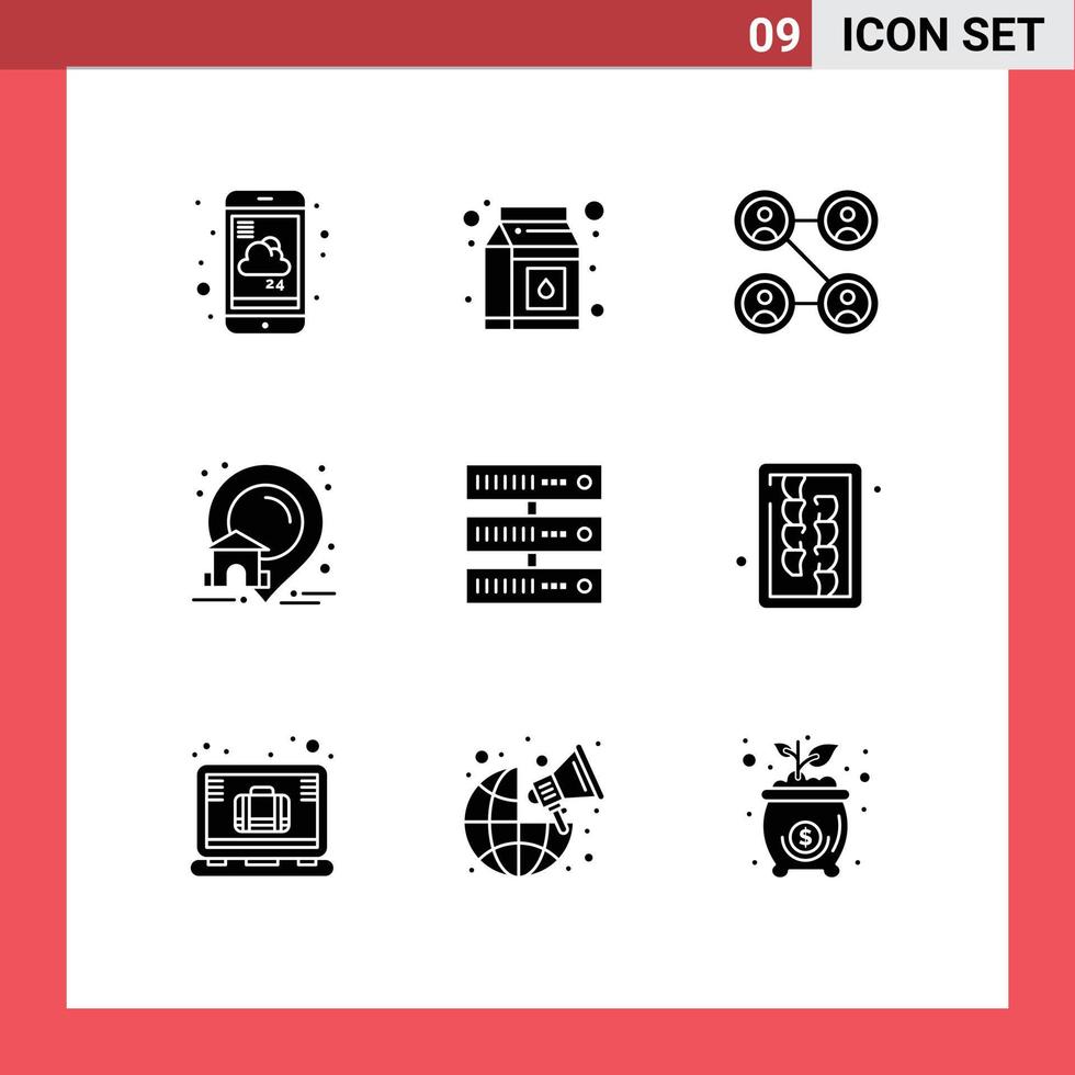 Modern Set of 9 Solid Glyphs Pictograph of storage computing connections real house Editable Vector Design Elements
