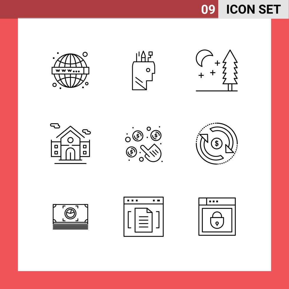 Modern Set of 9 Outlines Pictograph of money pay nature click real estate Editable Vector Design Elements