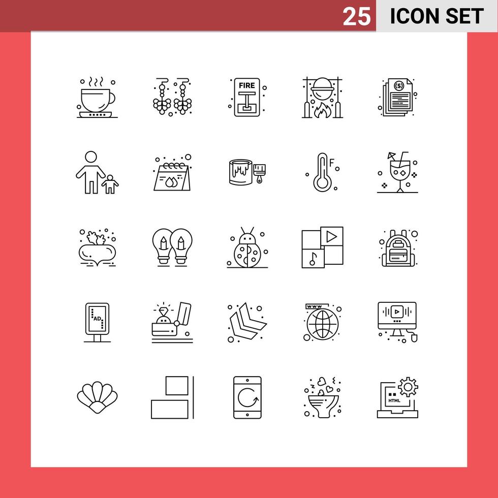 Mobile Interface Line Set of 25 Pictograms of document cooking escape food caldron Editable Vector Design Elements