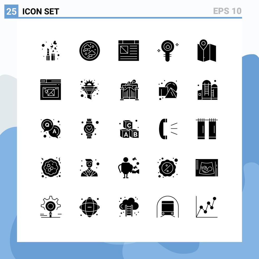 User Interface Pack of 25 Basic Solid Glyphs of map chemistry app cell biochemistry Editable Vector Design Elements