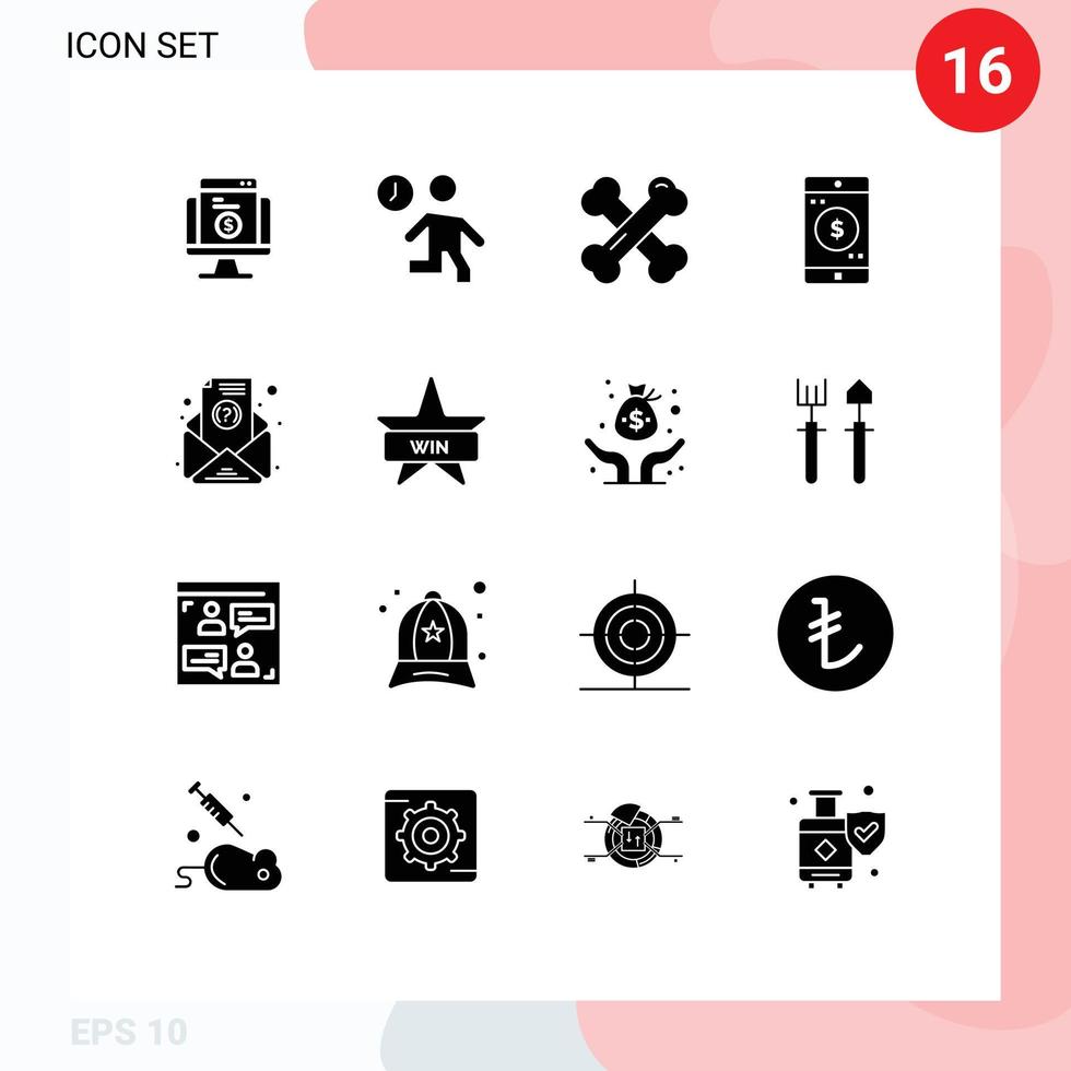 Mobile Interface Solid Glyph Set of 16 Pictograms of dollar mobile people application healthy bones Editable Vector Design Elements