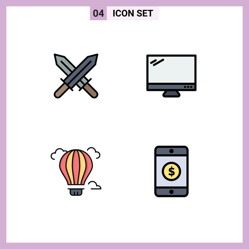 Pack of 4 Modern Filledline Flat Colors Signs and Symbols for Web Print Media such as sword air computer imac hot Editable Vector Design Elements