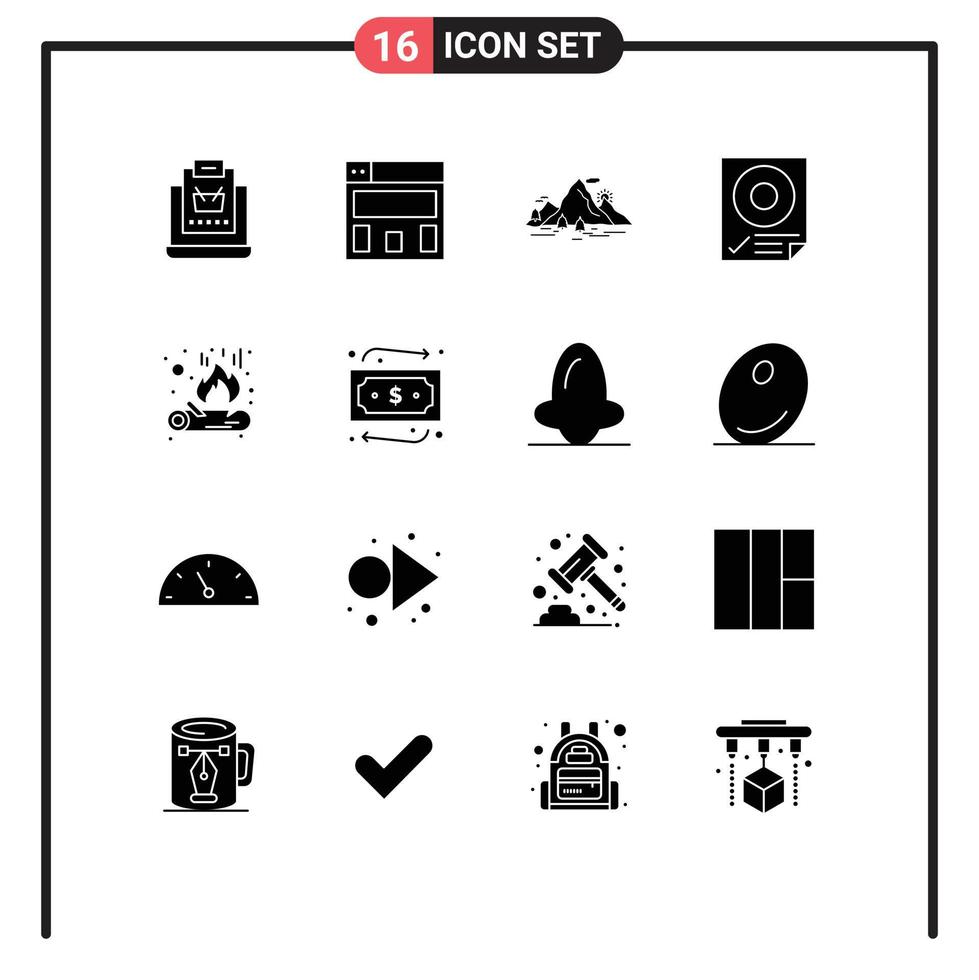 16 Thematic Vector Solid Glyphs and Editable Symbols of bonfire page hill mark check Editable Vector Design Elements