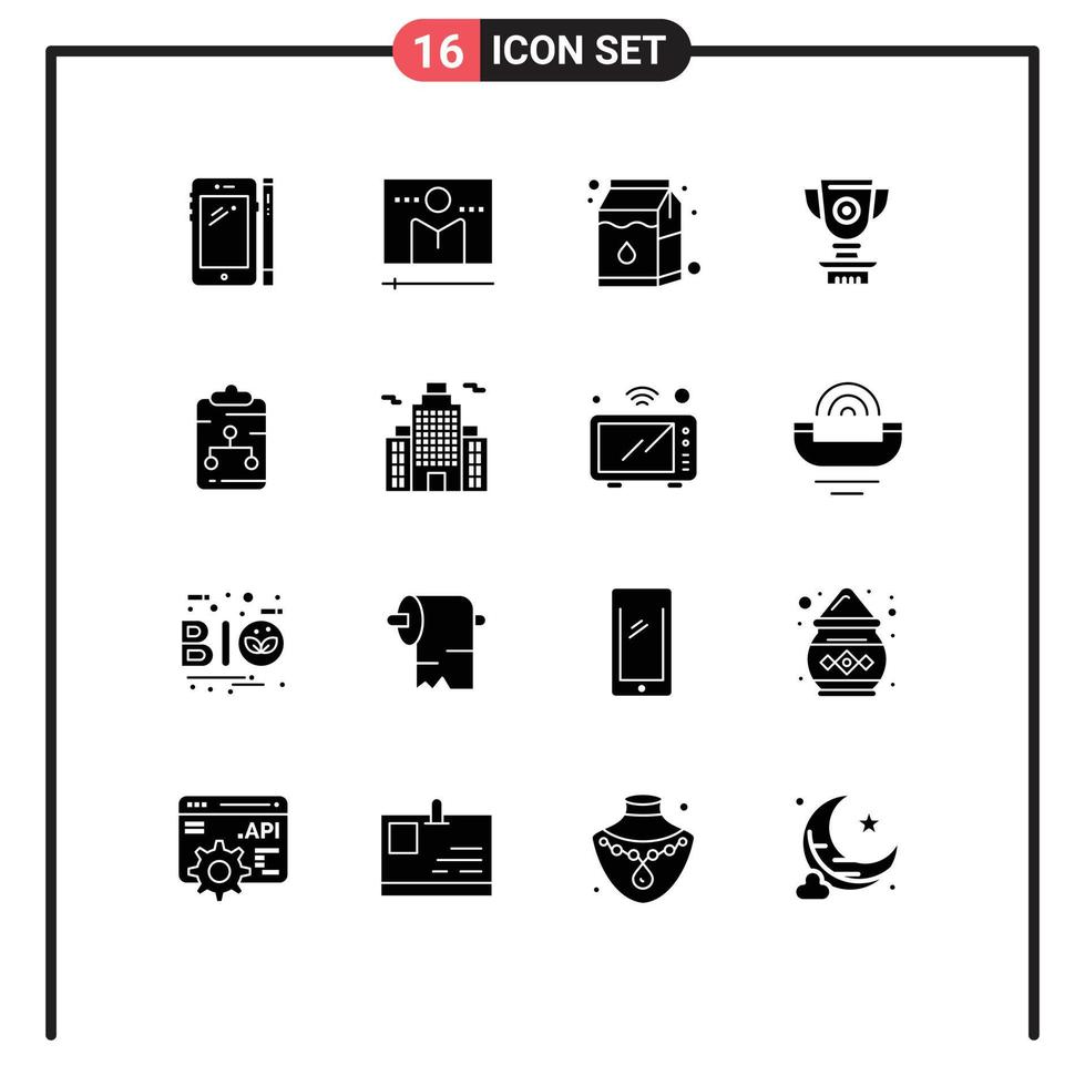 Set of 16 Commercial Solid Glyphs pack for reward price media player award pak Editable Vector Design Elements