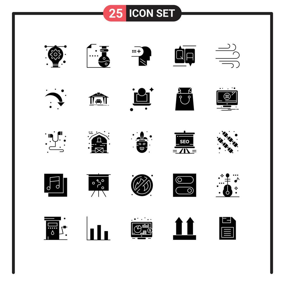 Group of 25 Modern Solid Glyphs Set for weather message health education chat Editable Vector Design Elements
