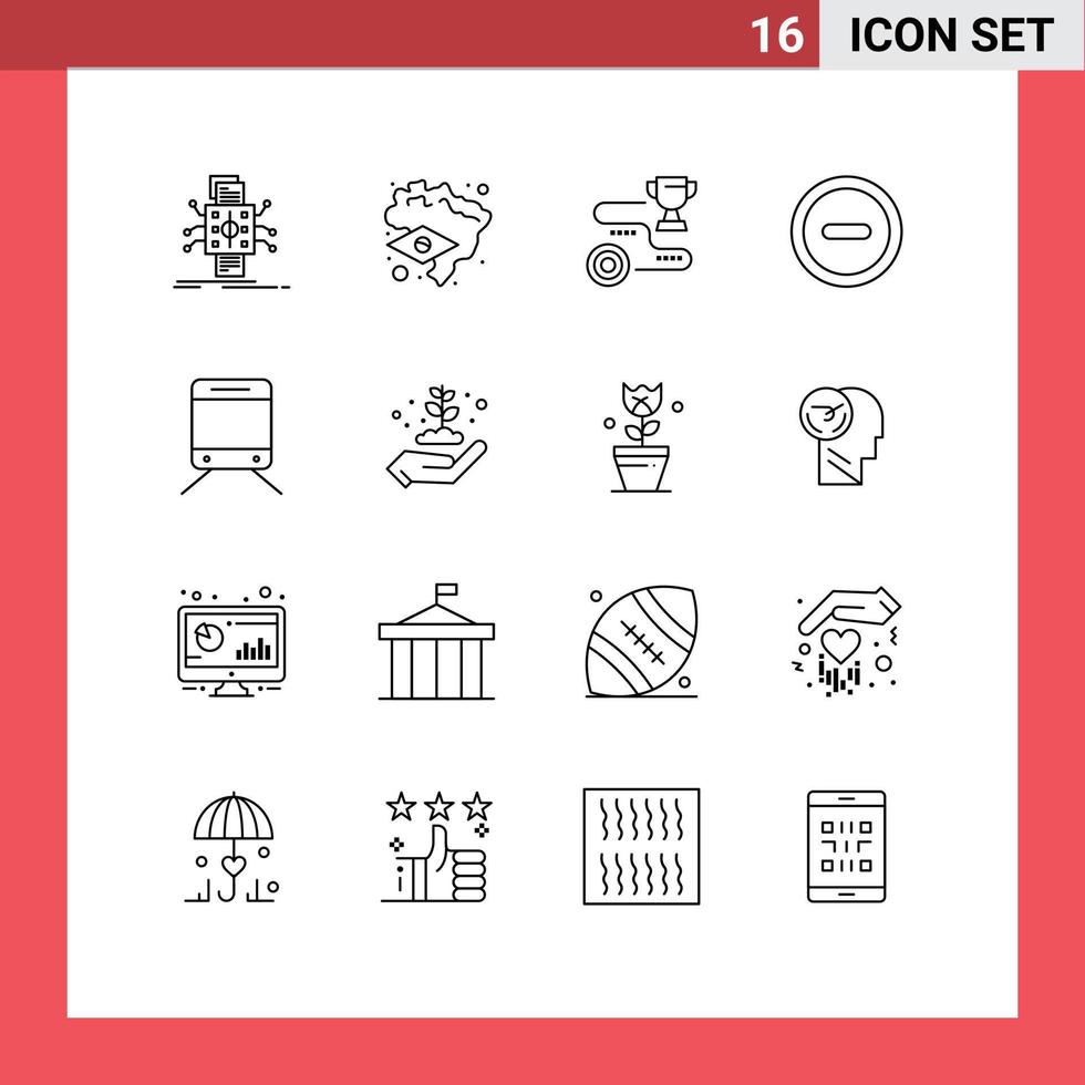 Group of 16 Outlines Signs and Symbols for train user achievement minus win Editable Vector Design Elements