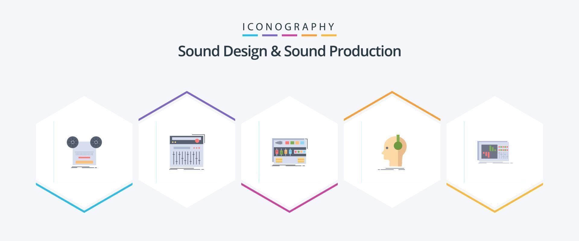 Sound Design And Sound Production 25 Flat icon pack including musician. composer. studio. sound. module vector
