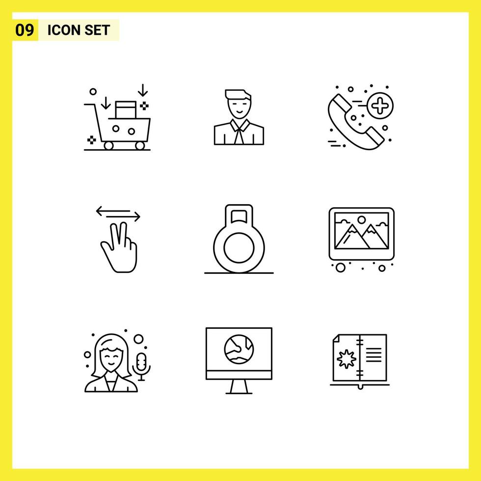 Pack of 9 Modern Outlines Signs and Symbols for Web Print Media such as dumbbell mobile teacher hand healthcare Editable Vector Design Elements