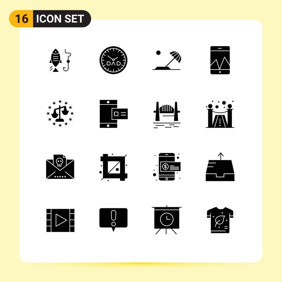 Solid Glyph Pack of 16 Universal Symbols of justice balance beach smartphone analytics Editable Vector Design Elements