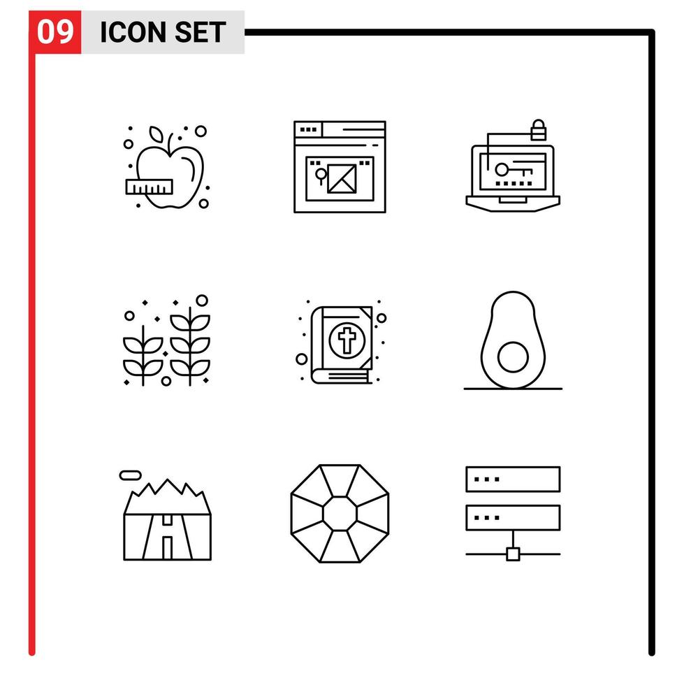 User Interface Pack of 9 Basic Outlines of book plant access palm laptop Editable Vector Design Elements