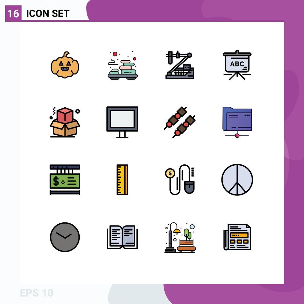 Modern Set of 16 Flat Color Filled Lines and symbols such as office box chemistry schoolbag bag Editable Creative Vector Design Elements