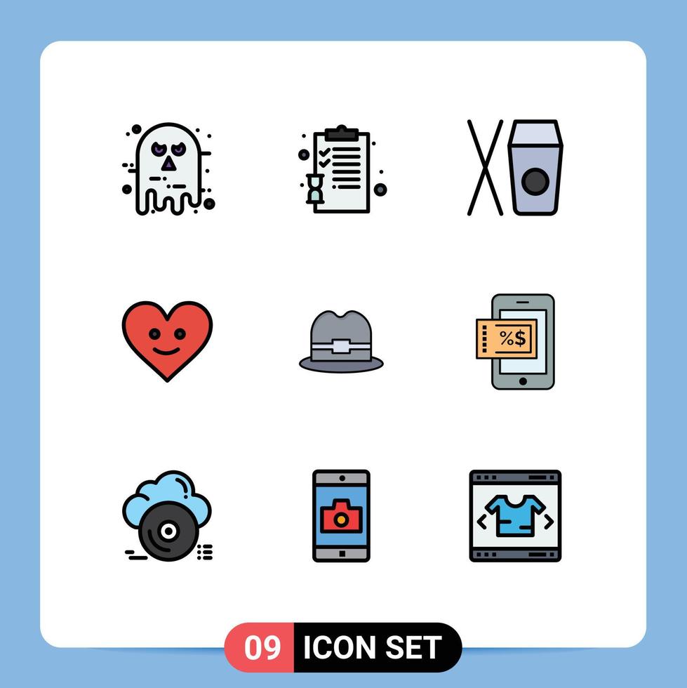 Modern Set of 9 Filledline Flat Colors Pictograph of man hat pages happy love Editable Vector Design Elements