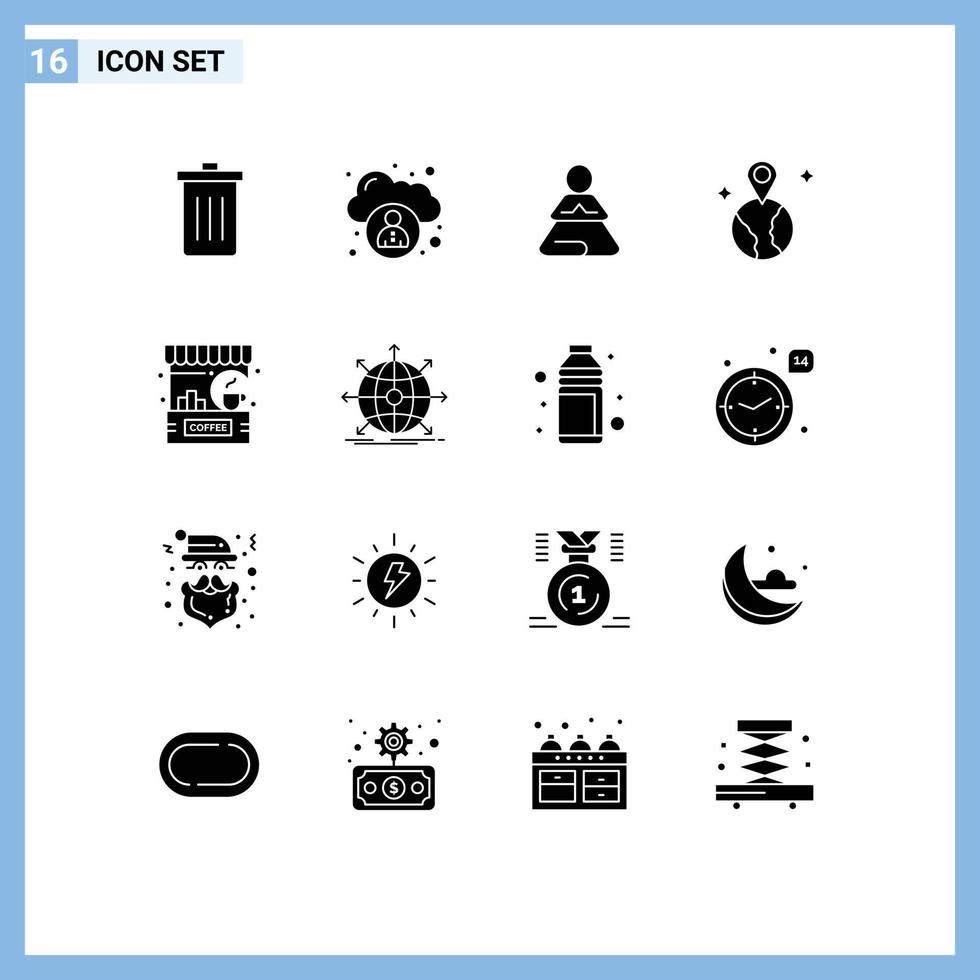 Set of 16 Commercial Solid Glyphs pack for coffee bar fast location world Editable Vector Design Elements