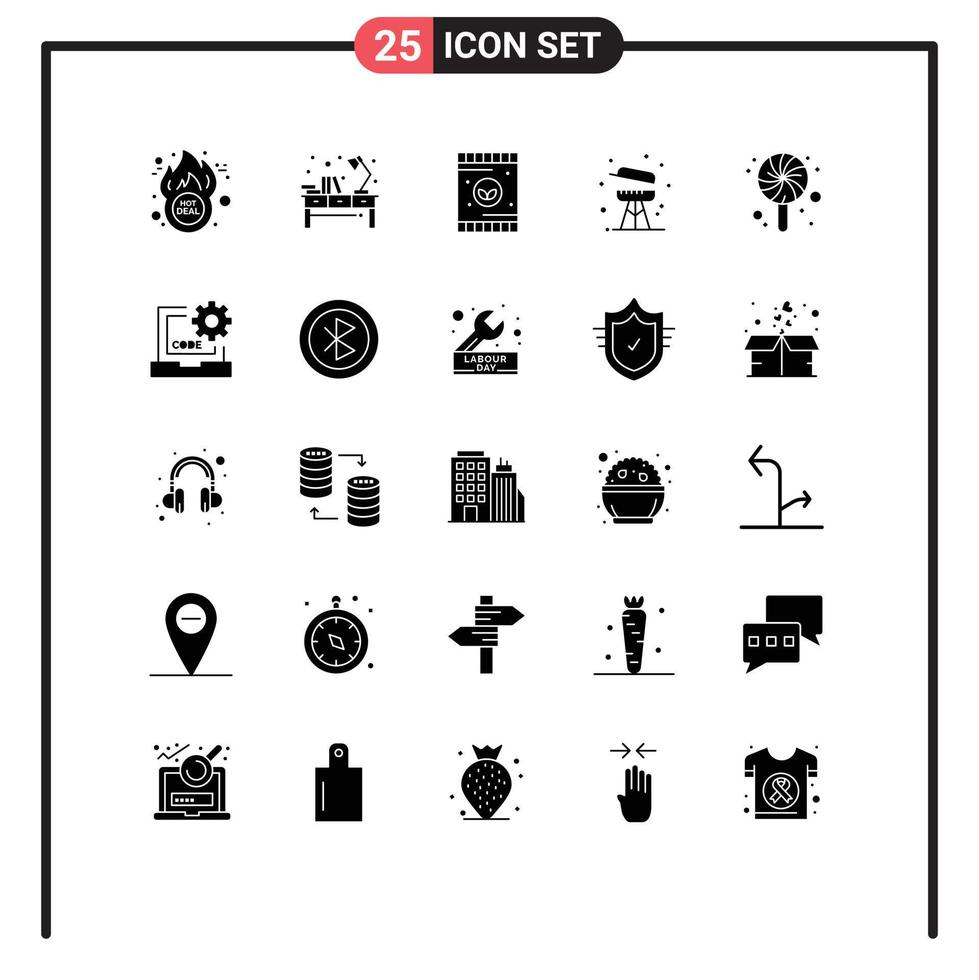 Solid Glyph Pack of 25 Universal Symbols of birthday equipment workplace cooking soil Editable Vector Design Elements