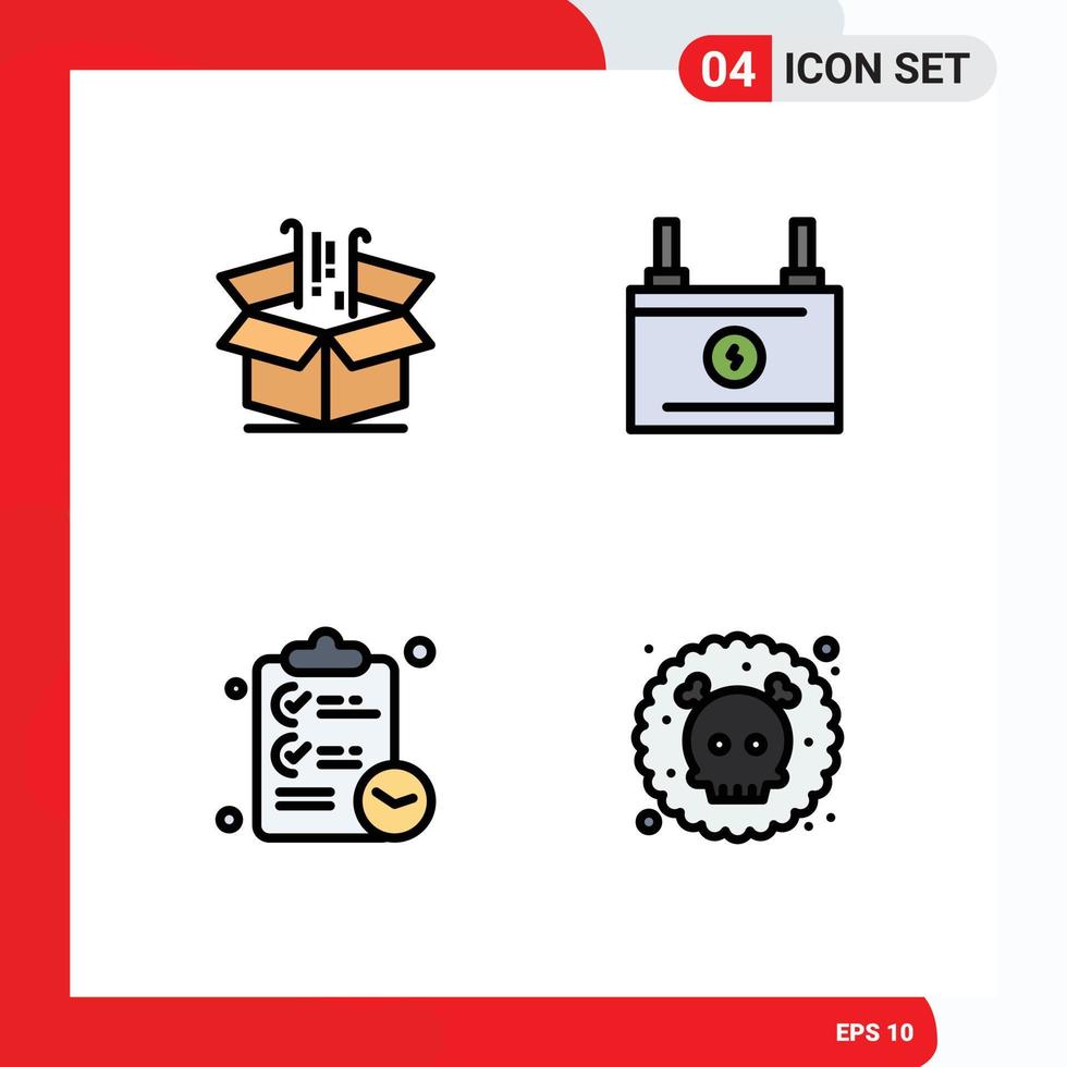 4 Thematic Vector Filledline Flat Colors and Editable Symbols of box checklist goods battery tasks Editable Vector Design Elements